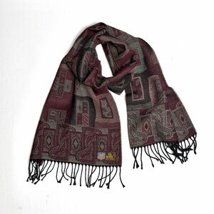 Vintage Wool Long Scarf with Fringes Gray Burgundy made in Germany Women's Men's